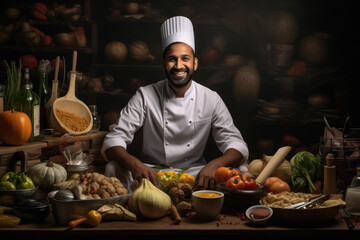 Indian male chef cooking foods in hotel kitchen - obrazy, fototapety, plakaty