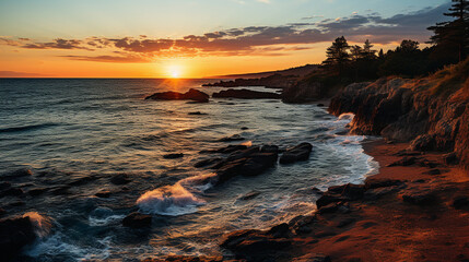 Obraz premium A coastal panorama at dusk, with the sun setting behind the ocean, casting warm hues across the horizon