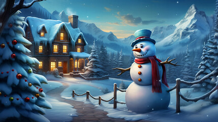 christmas scene with a snowman at night time and house