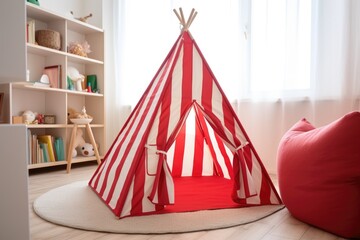 a red and white play tent in a kids room