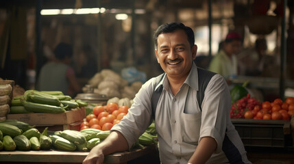 Indian man selling vegetables in local market