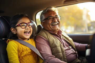 indian grandfather and granddaughter driving car