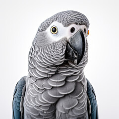 Grey Parrot close up portrait on white background