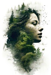 Creative portrait of a girl in double exposure combined with a forest landscape © Amore Sea