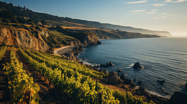 A coastal vineyard with rows of grapevines sloping toward the ocean, creating a picturesque landscape