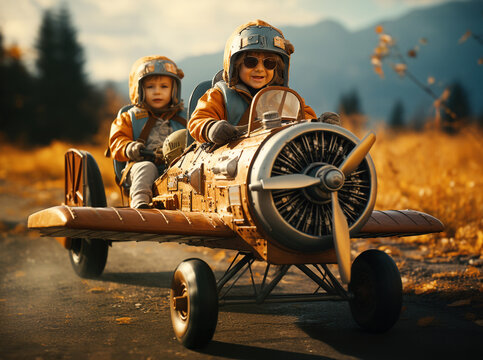 Happy, laughing children driving airplane on the road in nature, childhood adventure and friendship, pilot playing to take off with a plane