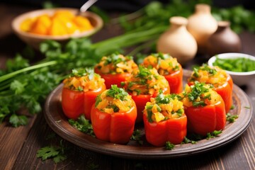stuffed bell peppers garnished with fresh parsley, on rustic table