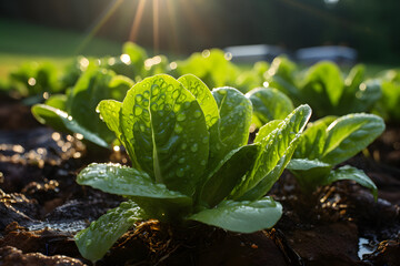 Abundant, green organic farm salads with rows of crops with morning dew.