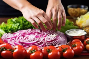 Fotobehang hand arranging onions on the top of a taco salad © Alfazet Chronicles