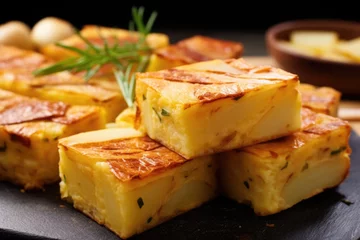 Foto op Canvas close-up of traditional spanish tortilla cut into squares © altitudevisual