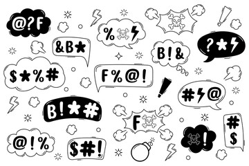 Set of hand drawn speech bubbles with swear word in doodle style. Curse, rude, swear word for angry, bad, negative expression. Vector illustration