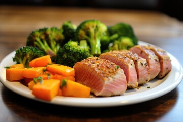 seared tuna steak with a side of seasoned vegetables