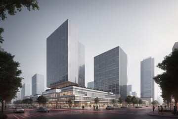 Fototapeta premium rendering of a city with tall buildings and a street light