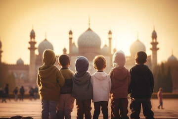 Children gathered in front of the mosque - obrazy, fototapety, plakaty
