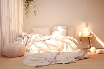 3d light minimalistic bedroom in scandinavian style, with sunshine