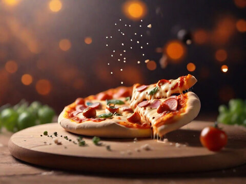 Delicious floating in the air cinematic pizza cheese on cozy blurred background