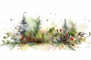 Horizontal Christmas watercolor with holly, spruce, and pine cones. Generative AI