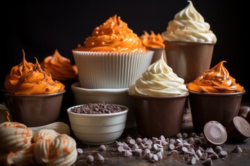 orange and brown themed array of raw cupcake batter