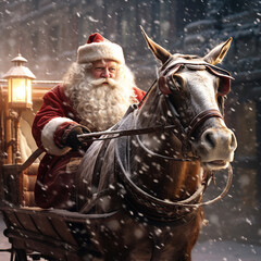 Santa Claus is riding in a carriage lit with lights in the winter aura
