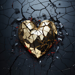 Abstract cracked golden heart background, ai generative