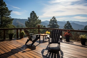 Mountain view deck with seating. Generative AI