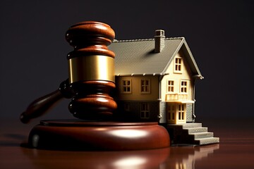 Gavel, justice, hammer, house model, taxes, profits, real estate, home buying. Generative AI