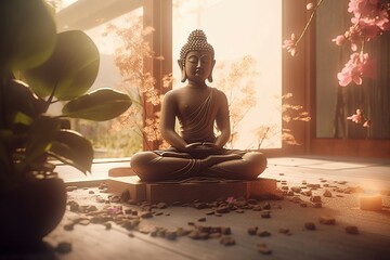 Relaxing Zen ambiance yoga. Spiritual buddha statue in meditation pose. Generate ai