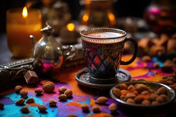 shot of spiced hot chocolate with diwali sweets in foreground