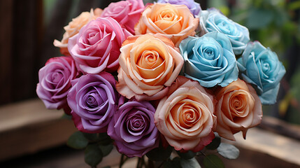 A magnificent bouquet of rainbow-colored roses, each petal a different shade, creating a stunning ombre effect
