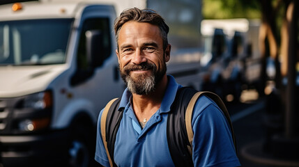 Happy confident male driver standing in front of truck and looking at camera