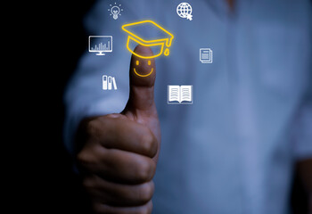Photo mixed with graphic of man giving thumbs up icon and online learning icon, online learning...