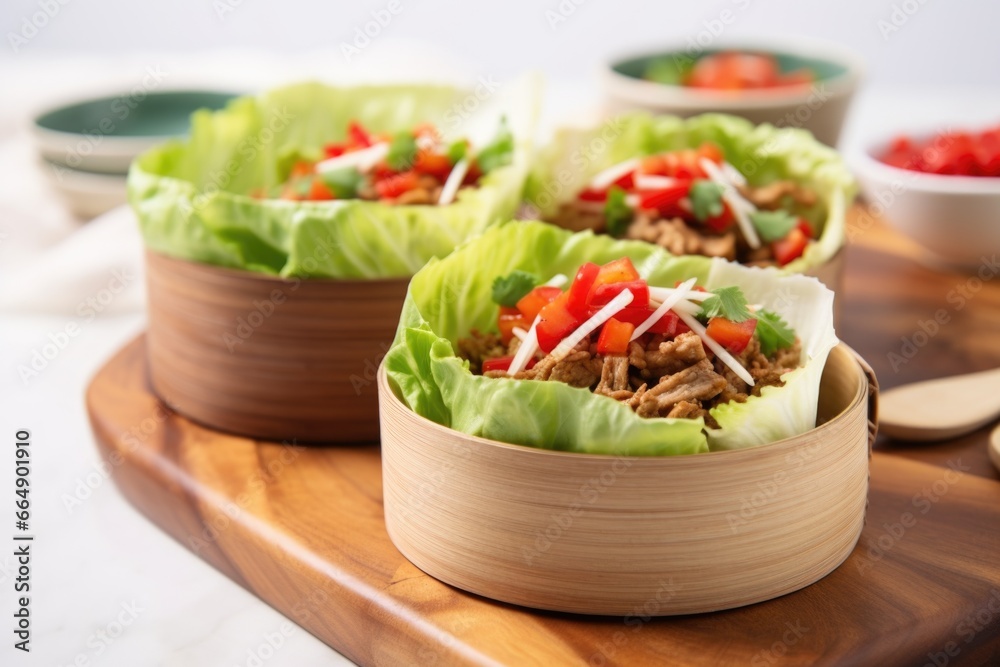 Poster turkey lettuce wraps served in a bamboo steamer