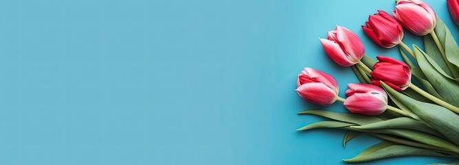 Bouquet of red tulip on blue Background. Top view with copy space. - obrazy, fototapety, plakaty