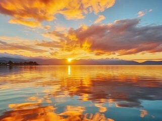 Bright sunset over Lake golden clouds reflect in the water. - obrazy, fototapety, plakaty