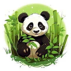 Cute panda in the middle of a bamboo forest. T-shirt design.