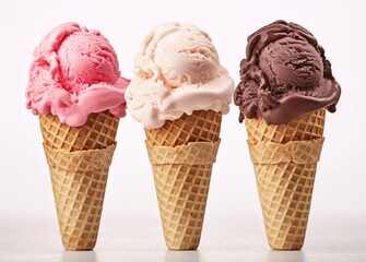 Chocolate, vanilla and strawberry Ice cream in the cone on white background.