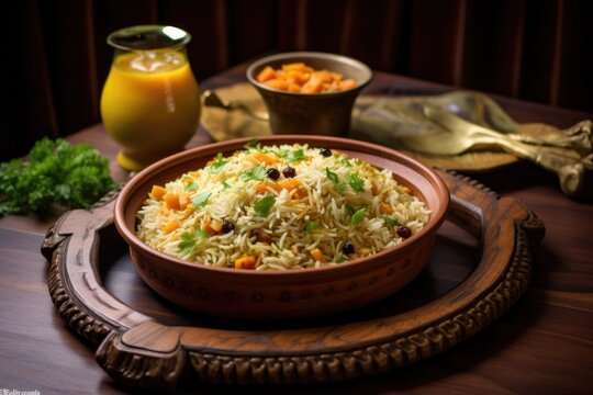 vegetarian pulao on a bamboo serving tray