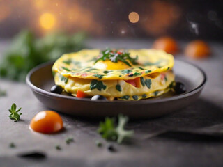 Delicious floating in the air cinematic omelet on cozy blurred background