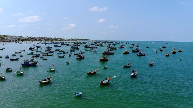 Coracle boats. beach of Da Nang Vietnam. Drone