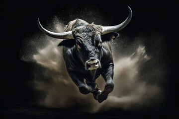 Naklejka premium Majestic black bull running in the clouds of dust, stunning illustration, dark background