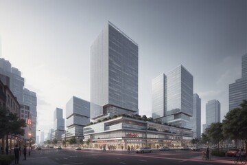 rendering of a city with tall buildings and a street with cars