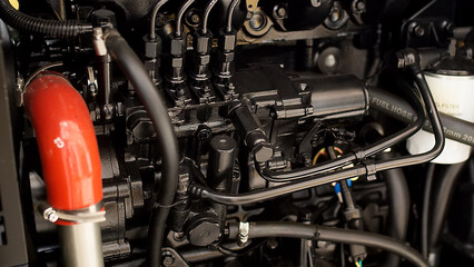 Close-up shot of a diesel engine - obrazy, fototapety, plakaty