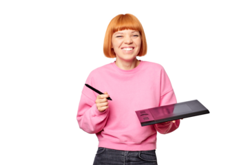 A smiling female designer in a pink sweet shot holding a graphic tablet.