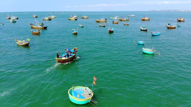 Coracle boats. beach of Da Nang Vietnam. Drone