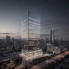 arafed view of a city at night with a very tall building