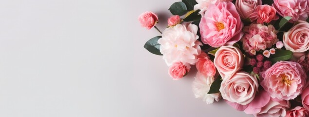 Fresh bunch of pink peonies and roses with copy space.