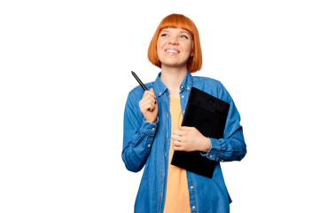 Smiling female designer holding a graphic tablet.