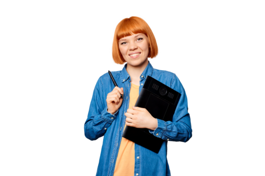 Smiling female designer holding a graphic tablet.