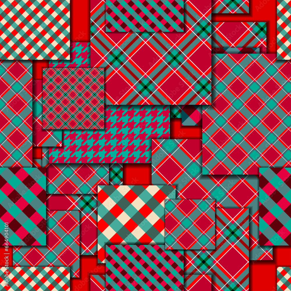 Poster Patchwork textile pattern. Seamless quilting design background. Merry Christmas cozy pattern.