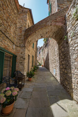 Walking narrow stone streets of small historic town Lucignano.